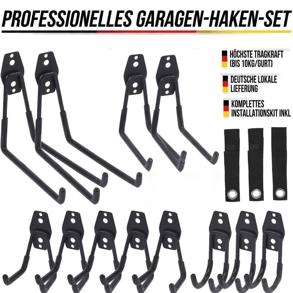 Image of 15pcs Wall Mounted Garden Tool Organizer Hooks Heavy Duty Yard And Sports Equipment Utility Hanger Set With Straps