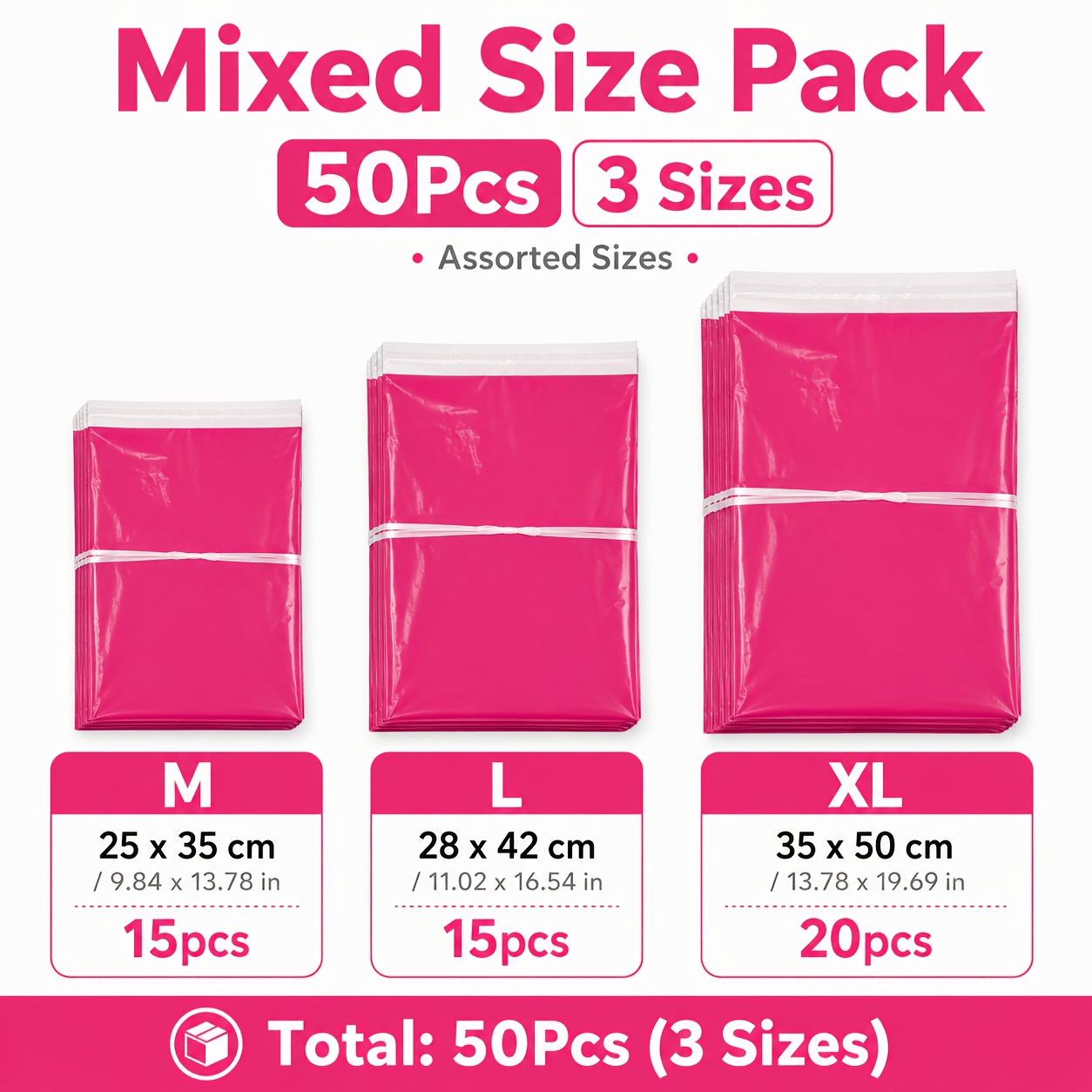 TEMU 50 unidades de sobres de polietileno rosa , 3 tamaños M L XL, bolsas de envío autosellables