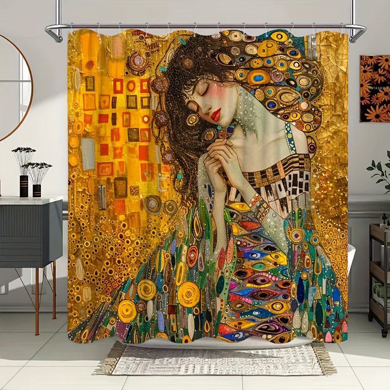 TEMU 1pc Theme Style Shower Curtain, Feminine Figure, Golden As , Interspersed With Geometric Color Blocks And , Washable, Polyester Material, With