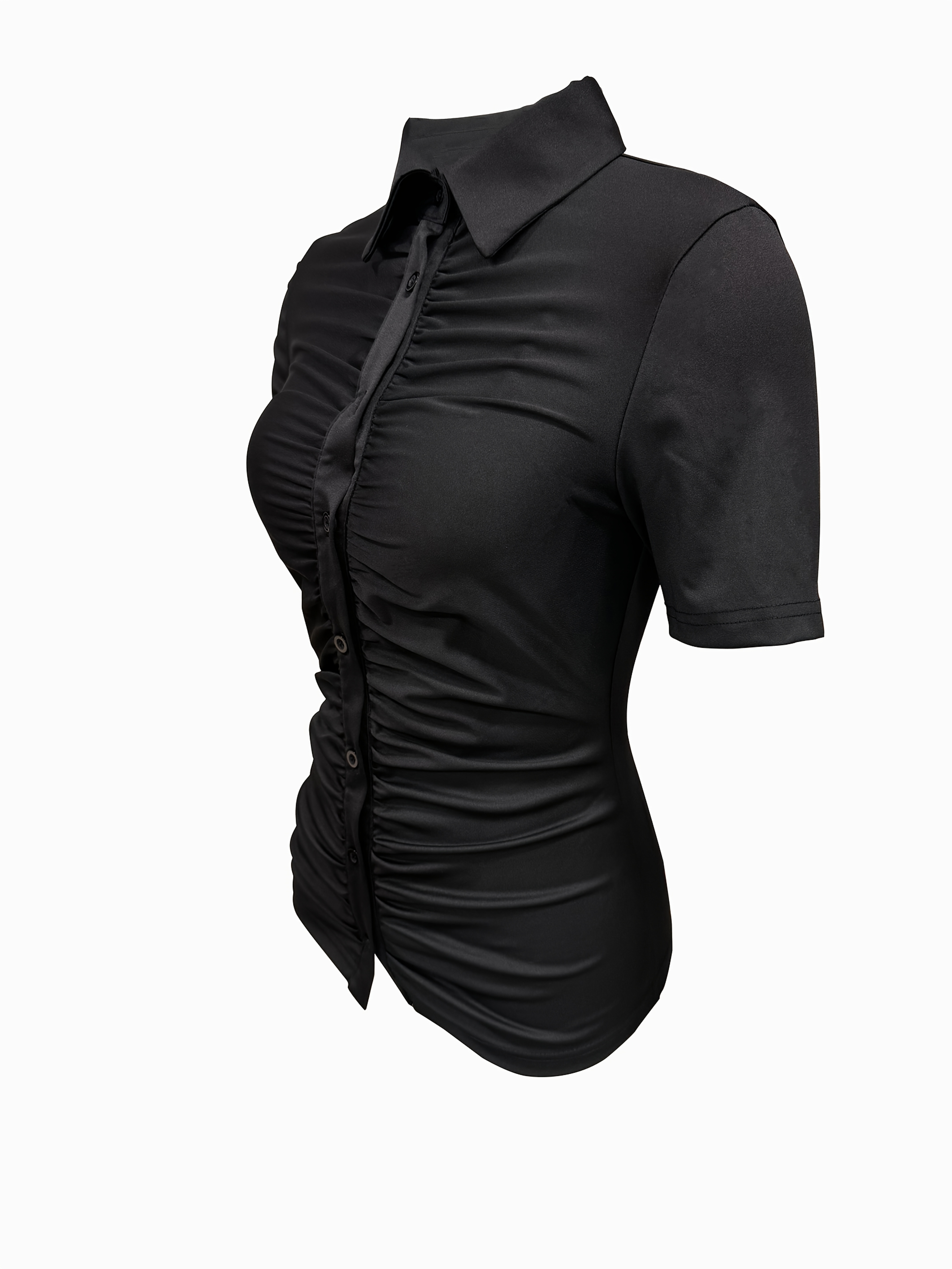 Women's Elegant Solid Color Short Sleeve Blouse - Classic Collar with Chest Pleats, Machine Washable Summer Shirt, Versatile Casual & Formal Wear