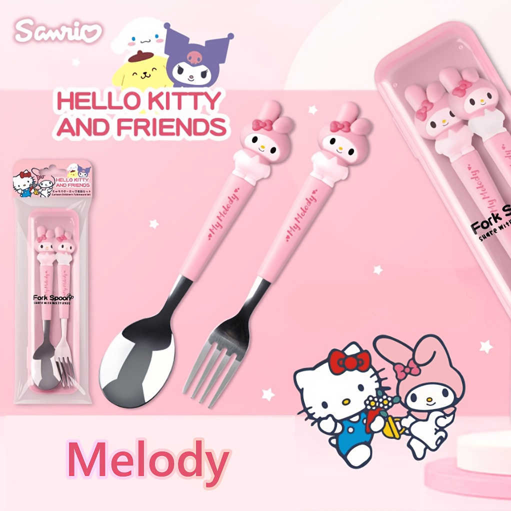 Image of Hello Kitty Fork And Spoon - Cute Portable Utensil Suitable For Families, Dorms, Camping & Picnics - 304 Stainless Cutlery With Iconic Hello Kitty Design ()