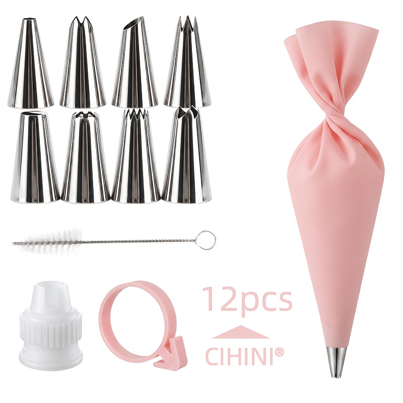 TEMU Cihini-12pcs Cake Decorating Tools Kit, Including: 8pcs Piping Nozzles, 1pc Reusable Decorating Bag, 1pc Coupler, 1pc Decorating Bag Band, 1pc
