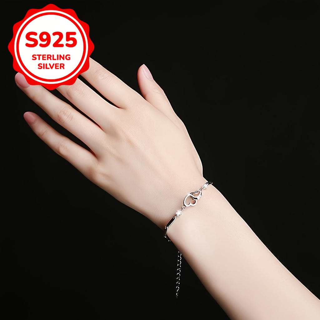 

Bracelet Double Cœur en Argent Pur 925, Incrusté de , Chaîne Élégante et Tendance pour Femme, Cadeau pour la Saint-Valentin et des Mères