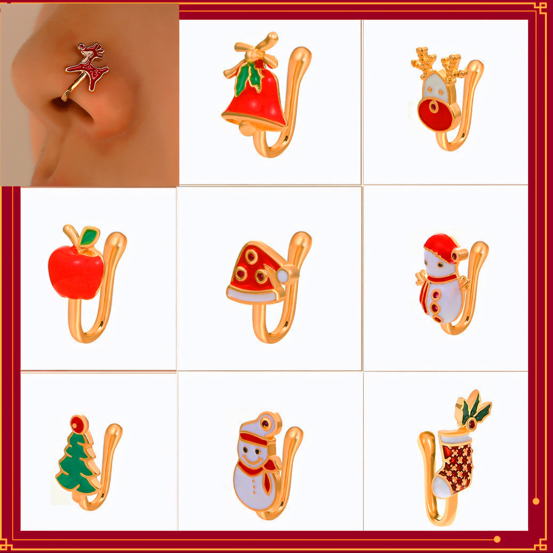 

6/9 Pcs /halloween Nose Rings, Cute Nose Ring, Copper U Shape Nose Clip, Non Piercing, Christmas Fashion Accessory, Nose Jewelry, Style Random, Party Men And