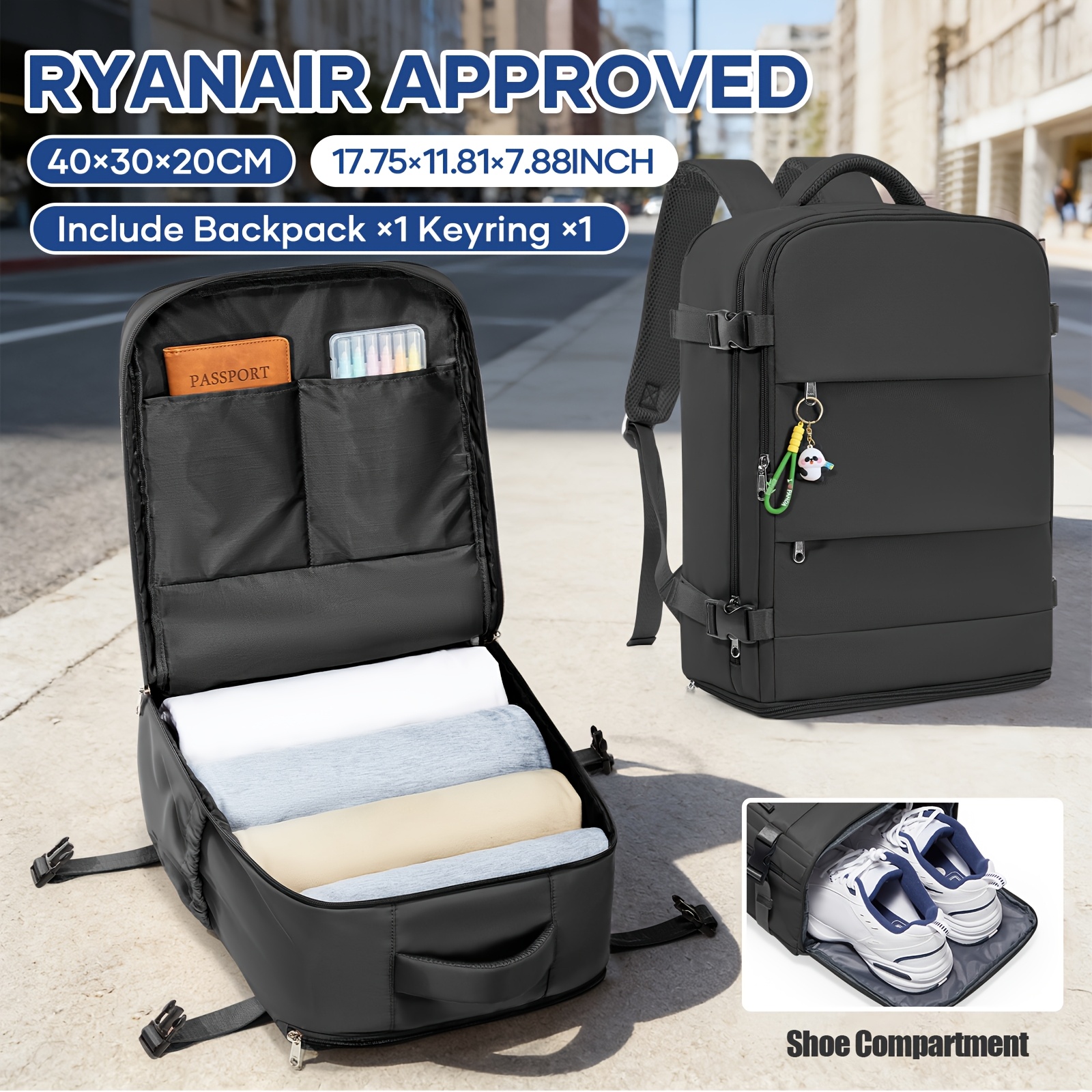 TEMU [Portachiavi Regalo ] Cabina Ryanair 40x30x20 per Sotto Sedile, Borsa a Approvata per Voli con Scomparto per Scarpe, Borsa per Laptop da 15,6