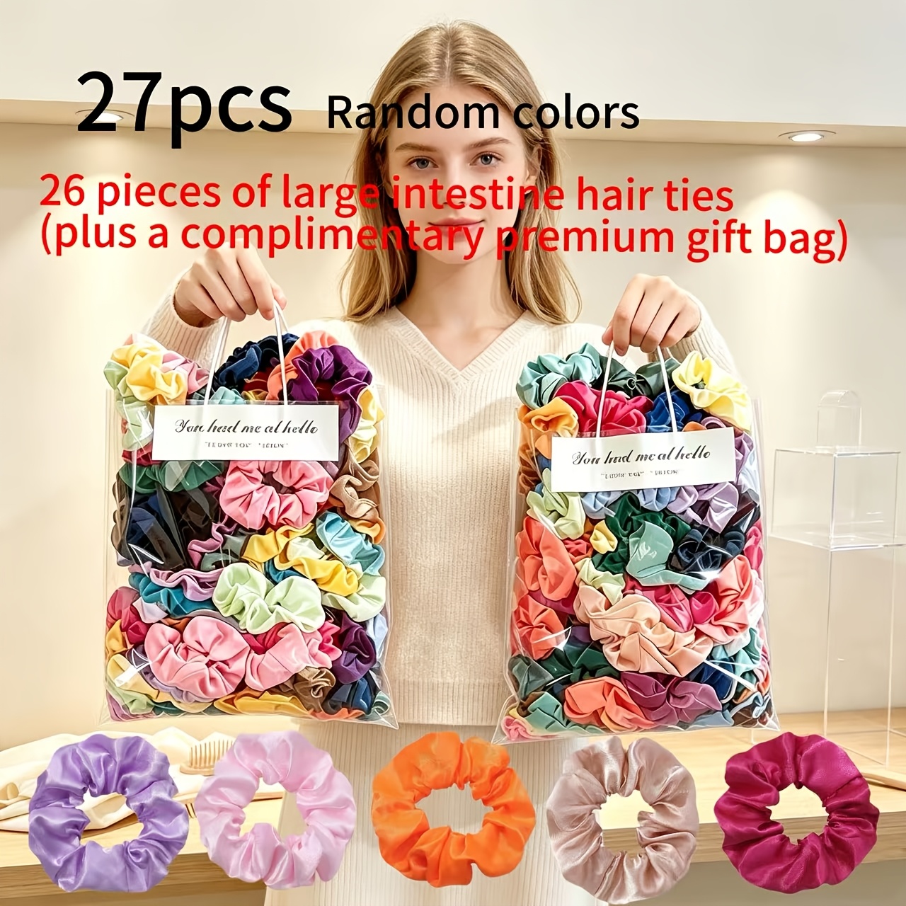 TEMU 27pcs Random Colors 26pcs Large Hair Ties And 1pc Free Gift Bag) Premium Comfortable Satin Hair Ties Daily Messy Bun Low Ponytail Hair Rope Hair