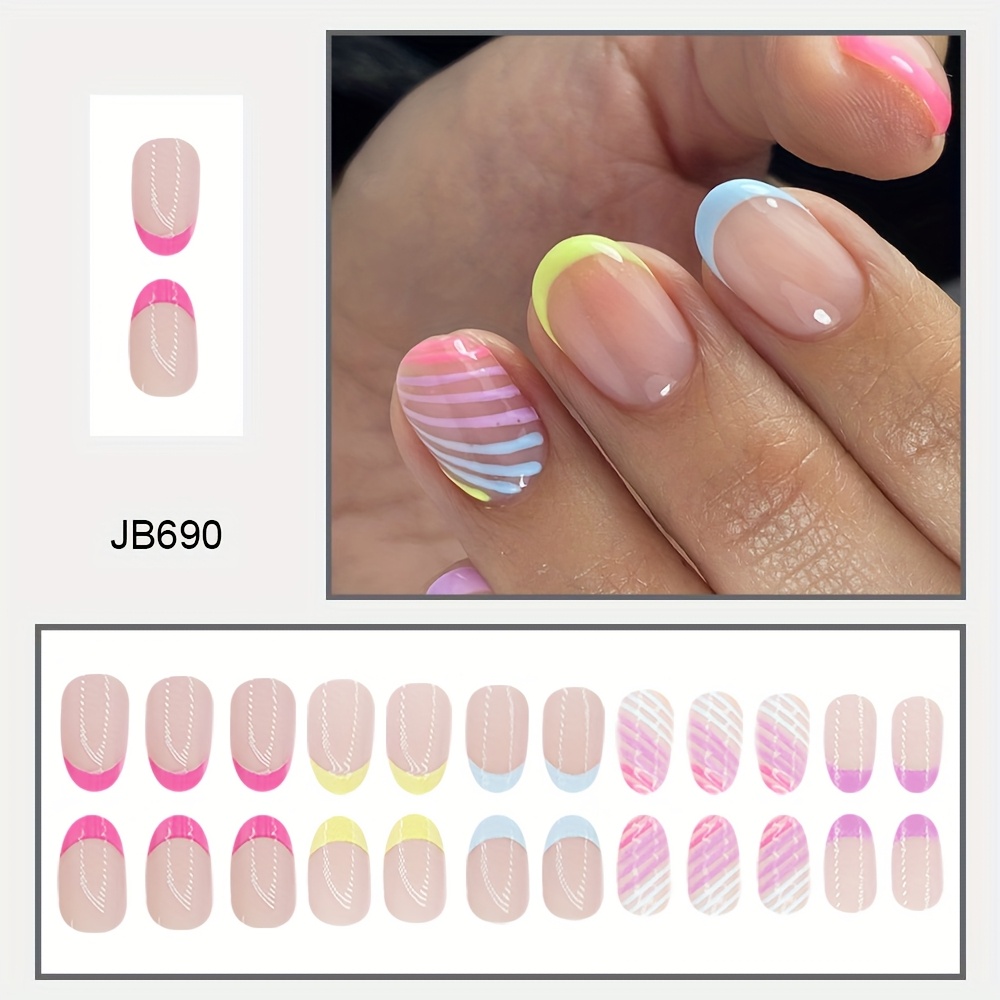 24pcs Short Oval Press-on Nails Suitable For French Manicure & Pedicure - Glossy Detachable Fake Nails With Striped Tips, For Diy, Parties, Weddings, Daily Wear - Application & -free Removal