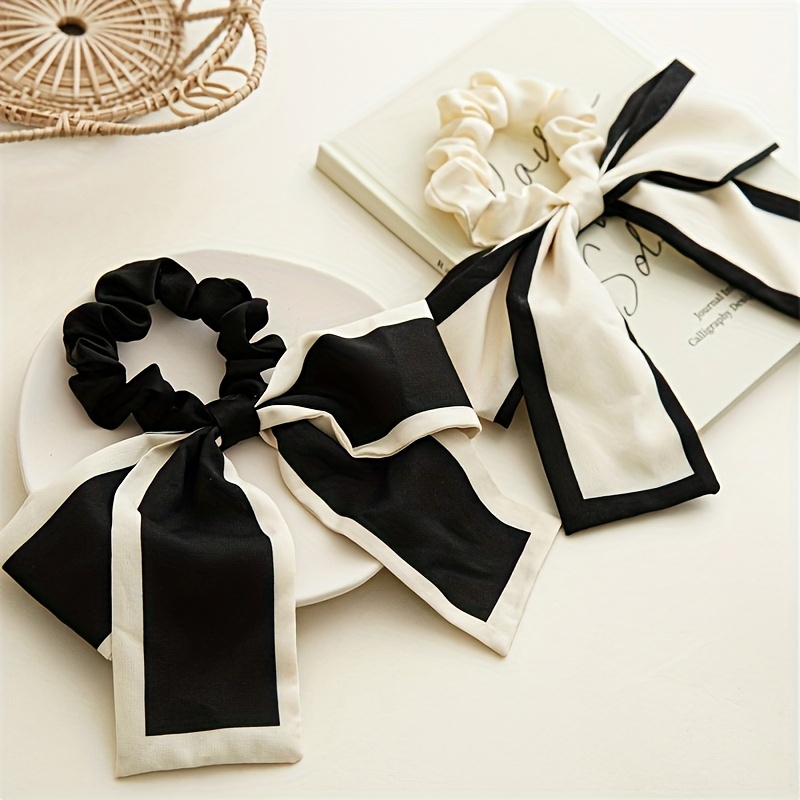 Elegant & Cute Black And White Bowknot Hair Ties, Summer No-Damage Women's Hair Accessories For Stylish Updos