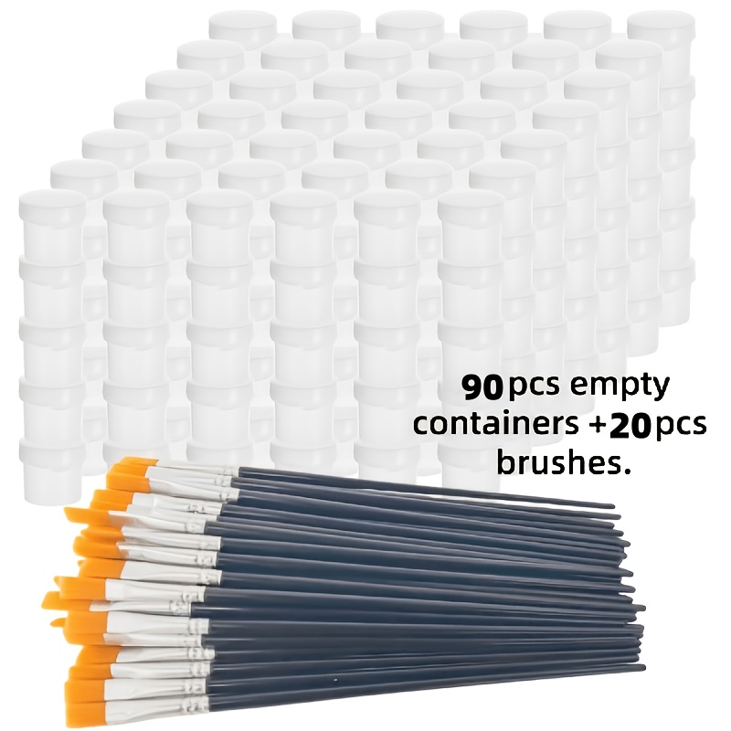 Image of 90pcs Empty Paint Containers+20 Brushes, Paint Cups, Clear Plastic Storage Boxes With Lid Strips, Art Painting And Craft Supplies For, School, Painting, Art Festival For Professional Artistic Use