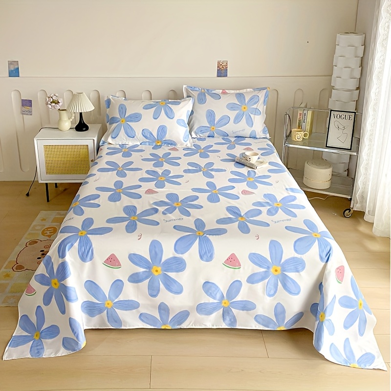 TEMU 1pc Floral Bed Sheet - Soft Smooth Texture, Minimalist Floral Bedding For Home, Hotel, Dorm, Travel - Machine Washable Bedding In Blue & Pastel