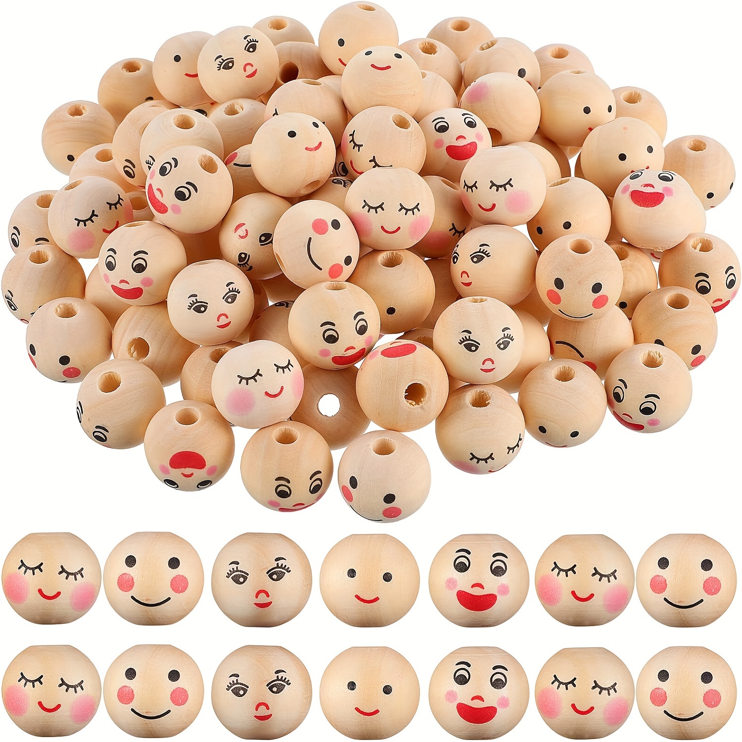 

50pcs Smile Beads Wood Loose Beads Face Ball Wooden Beads Spacer Beads For Jewelry Making