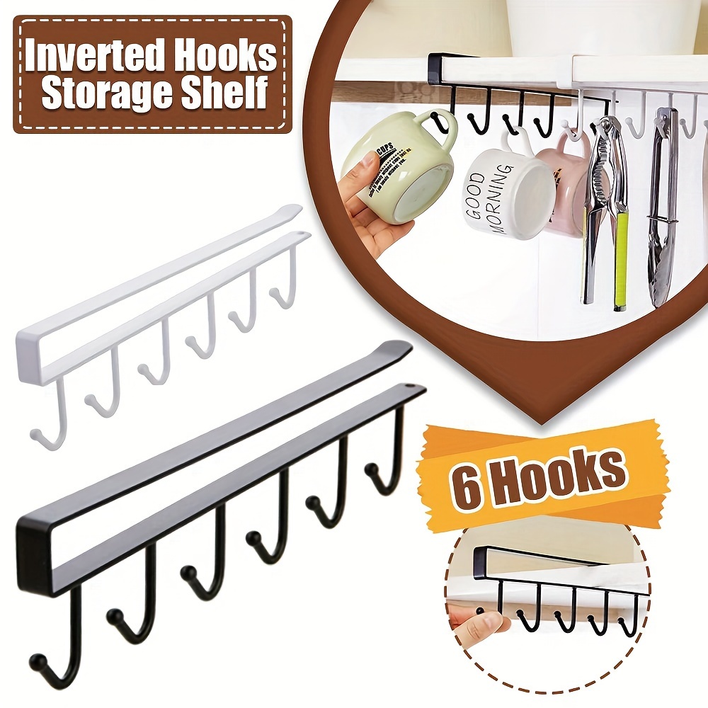 

Contemporary Iron Metal Storage Shelf Organizer With 6 Hooks: 9.84 Inches, Under-shelf Hanging Rack For Kitchen, Bathroom, Wardrobe, Mug Cup Utensils Holder For Home Organization