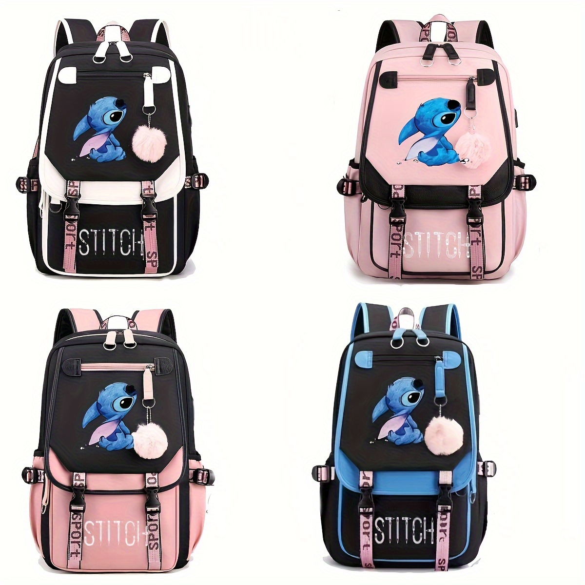 

Stitch Pattern Large Capacity Backpack With Charging Port, Cartoon Theme School Bag