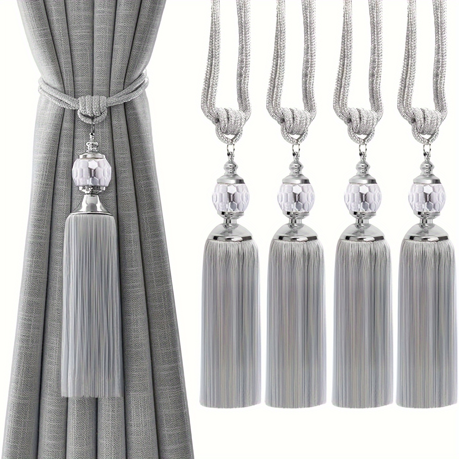 

2pcs Elegant Gray Curtain Tiebacks With Tassels - Acrylic Crystal Beaded, Polyester, Formaldehyde-free - Living Room, Bedroom, Bathroom Decor