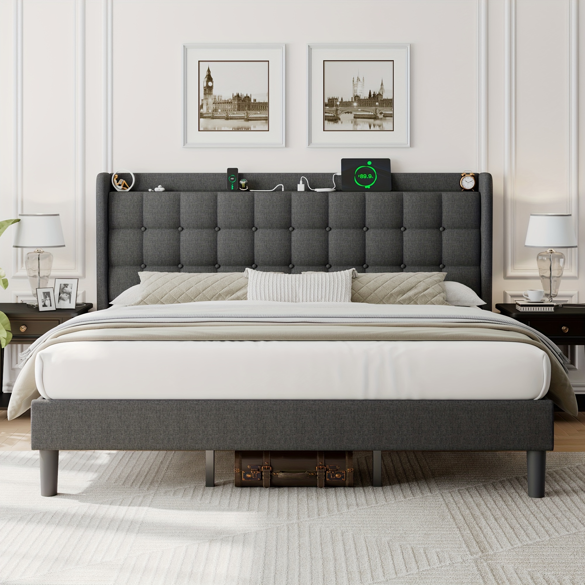 

Upholstered Bed Frame With Charging & Storage, Wingback Platform Bed With Button Tufted Headboard, Heavy-duty Foundation, No Box Spring Needed