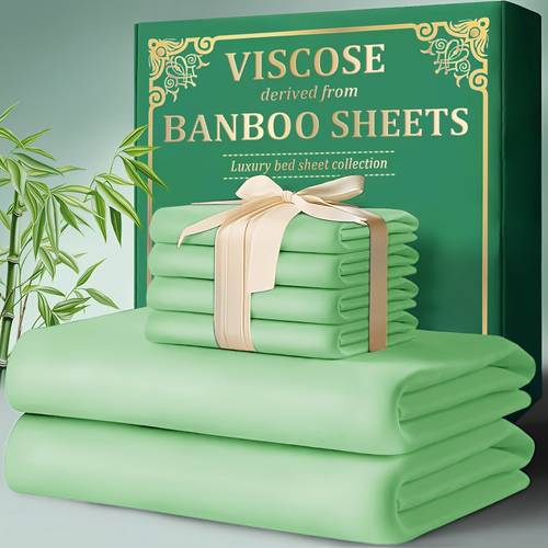 4 piece bamboo bed sheet set 2200 tc bamboo fiber elastic fitted sheet extended 18 24 deep pocket cool and breathable smooth to the touch large size ultra soft suitable for hot sleepers anti shrink fade resistant