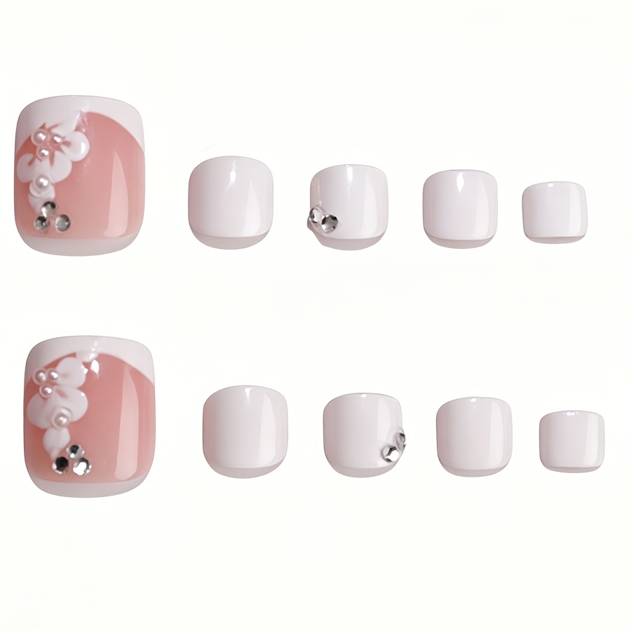 TEMU 24pcs Square Press On Toe Nails, Sheer Nude White Fake Toenails, Floral Ornament & Shiny Rhinestone Cluster Accents, Glossy Minimalist Wedding