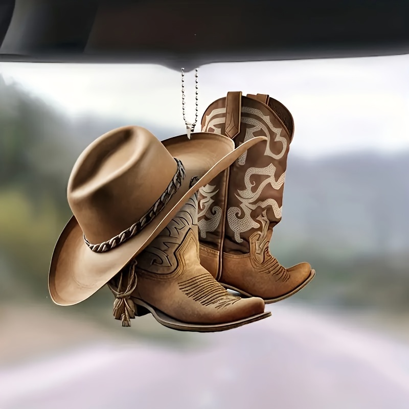 

Acrylic Cowboy Hat And Boots Car Hanging Ornament, Western Style Rearview Mirror Decoration, Novelty Vehicle Accessory With Chain Suspension