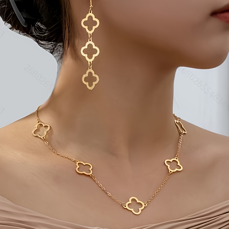 TEMU Vjs Women' Steel Flower Jewelry Necklace & Earrings Suitable For Daily Wear, Retro Minimalist Flower Pendant Necklace And Earrings Gift Set,