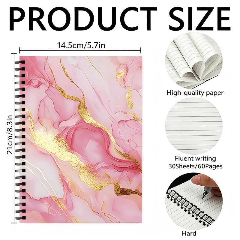TEMU Cahier à spirale avec marbre liquide rose et , , 30 feuilles totalisant 60 pages, reliure à spirale, convient pour et , un pour Noël, la rentrée