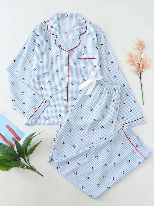 elegant womens ideal long sleeve long pants pajama set with collar and cherry print featuring a bow in a two piece homewear outfit