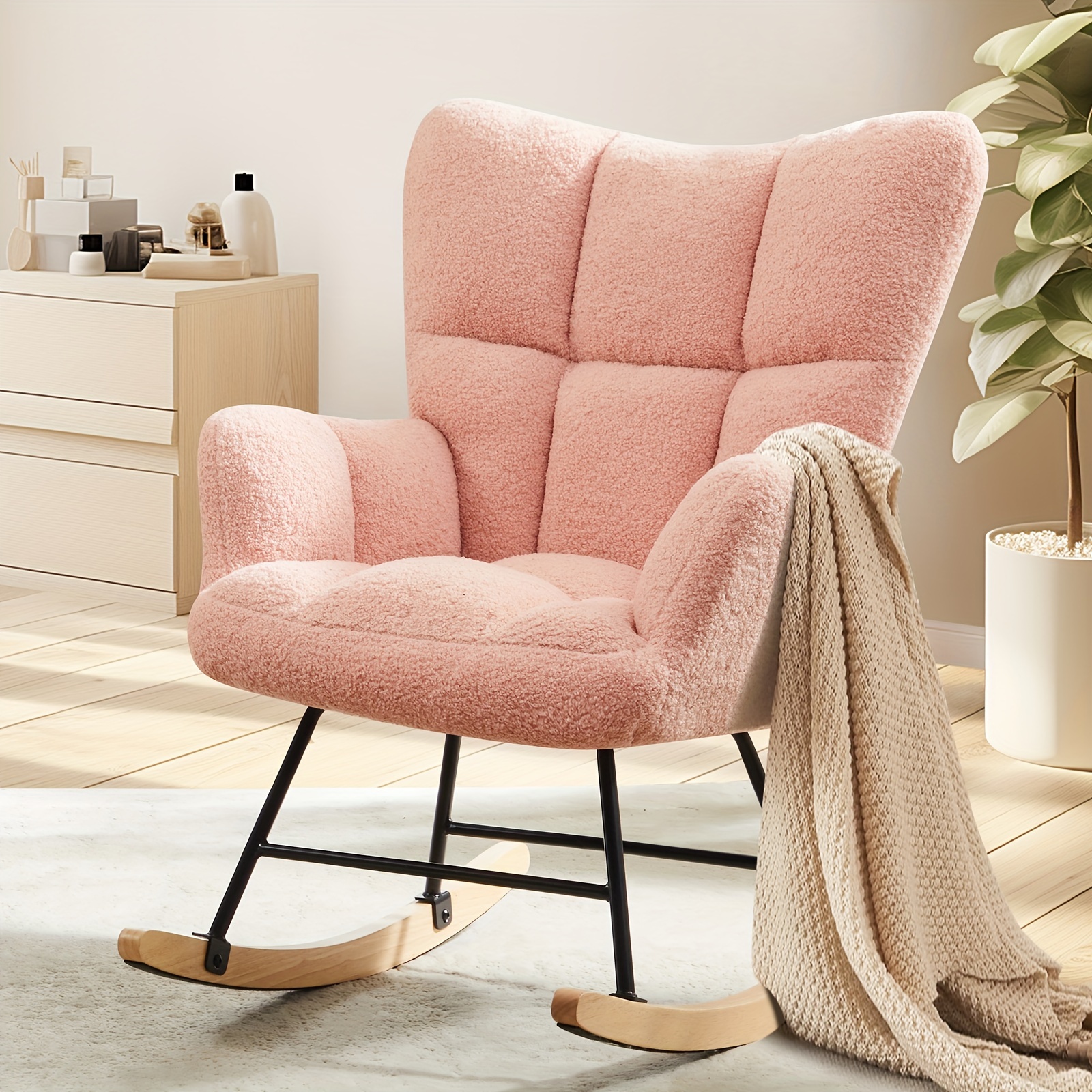 

Rocking Chair For Nursery, Teddy Upholstered Glider With High Backrest, Padded Seat, Modern Accent Recliner, Comfy Cushion Reading Rocker Armchair, Living Room, Bedroom Furniture