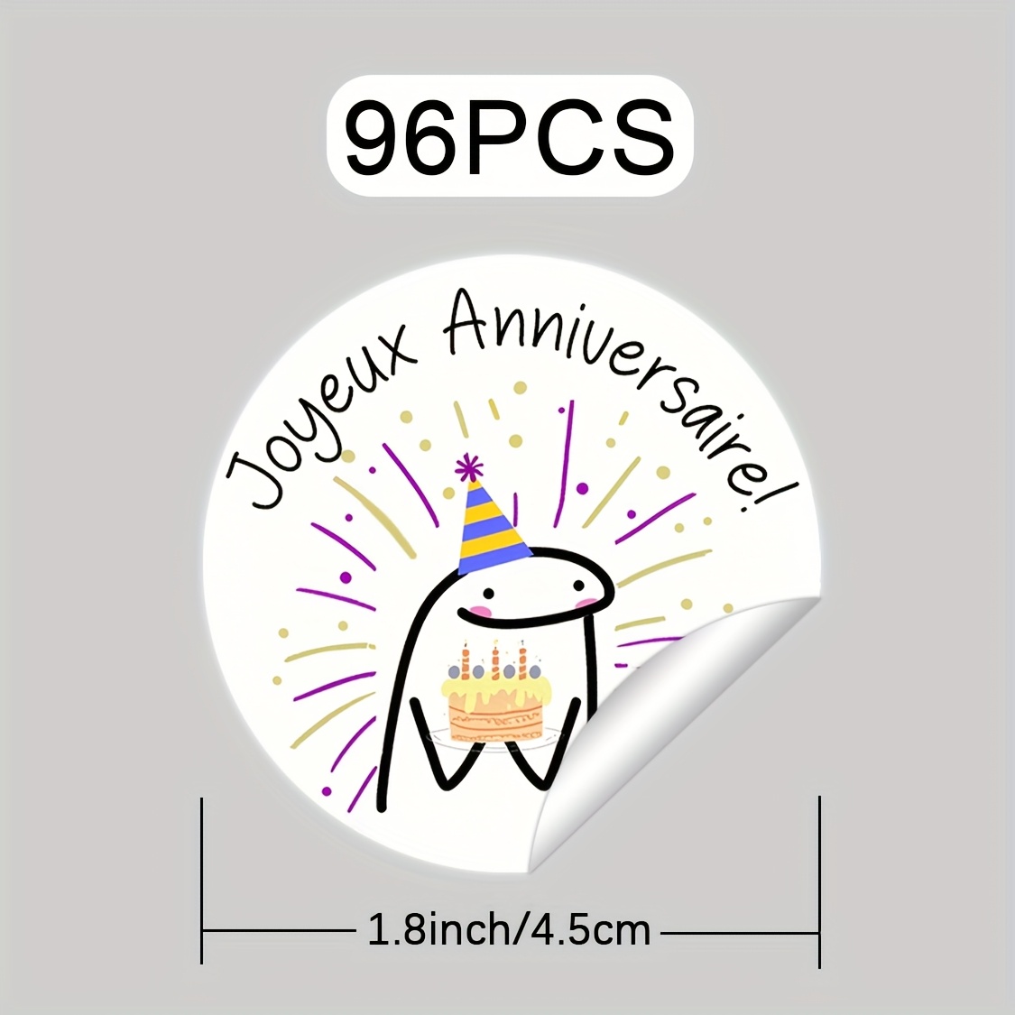 TEMU 96 autocollants français "Joyeux Anniversaire" avec chapeaux de fête, et dessins de gâteaux, couleurs mélangées pour les décorations de fête