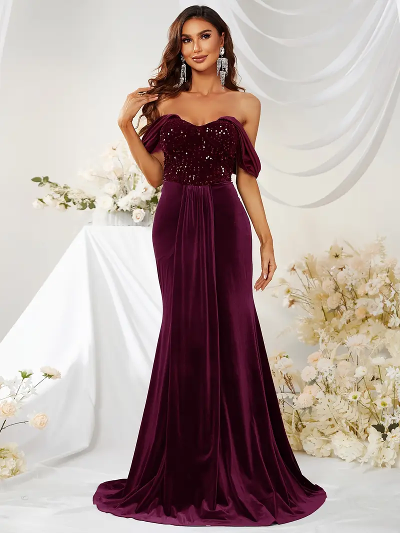 Velvet Beaded Shoulder Dance Ball Gown with Fish Tail Party Dress Graduation Dress Bridal Mother's Wedding Dress Velvet Beaded Shoulder Dance Ball Gown with Fish Tail Party Dress Graduation Dress Bridal Mother's Wedding Dress