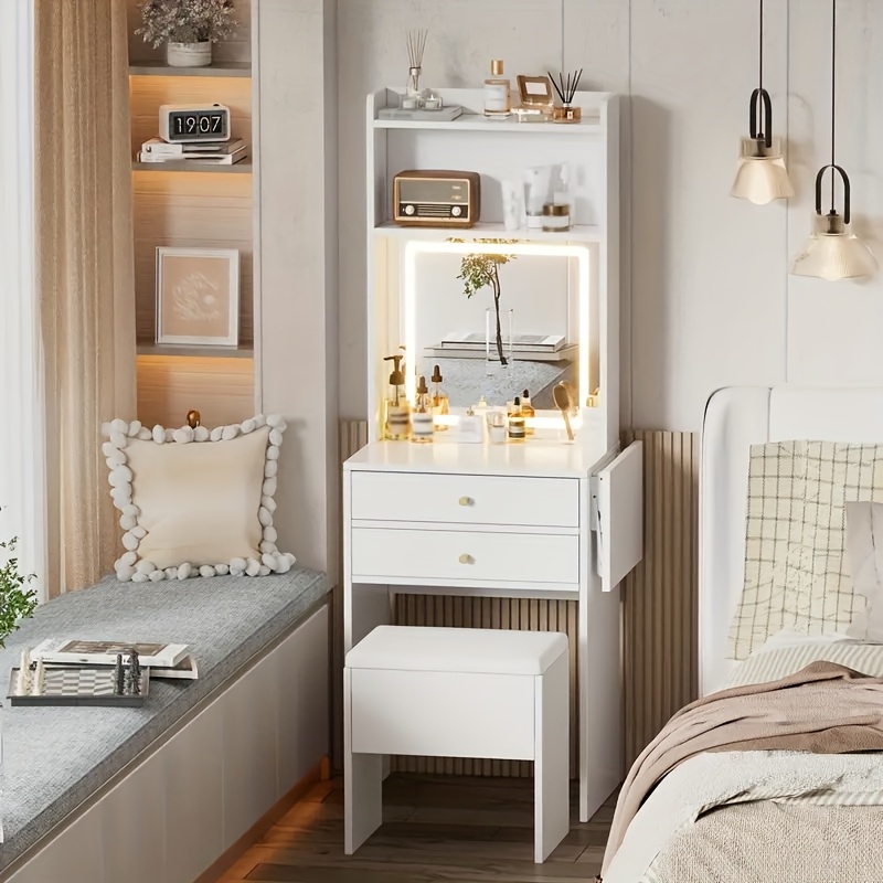 TEMU Small Space-saving Vanity Desk Set With 3 Adjustable Lighted Mirror & Panel - White Mini Dressing Table With Storage Chair Suitable For Compact