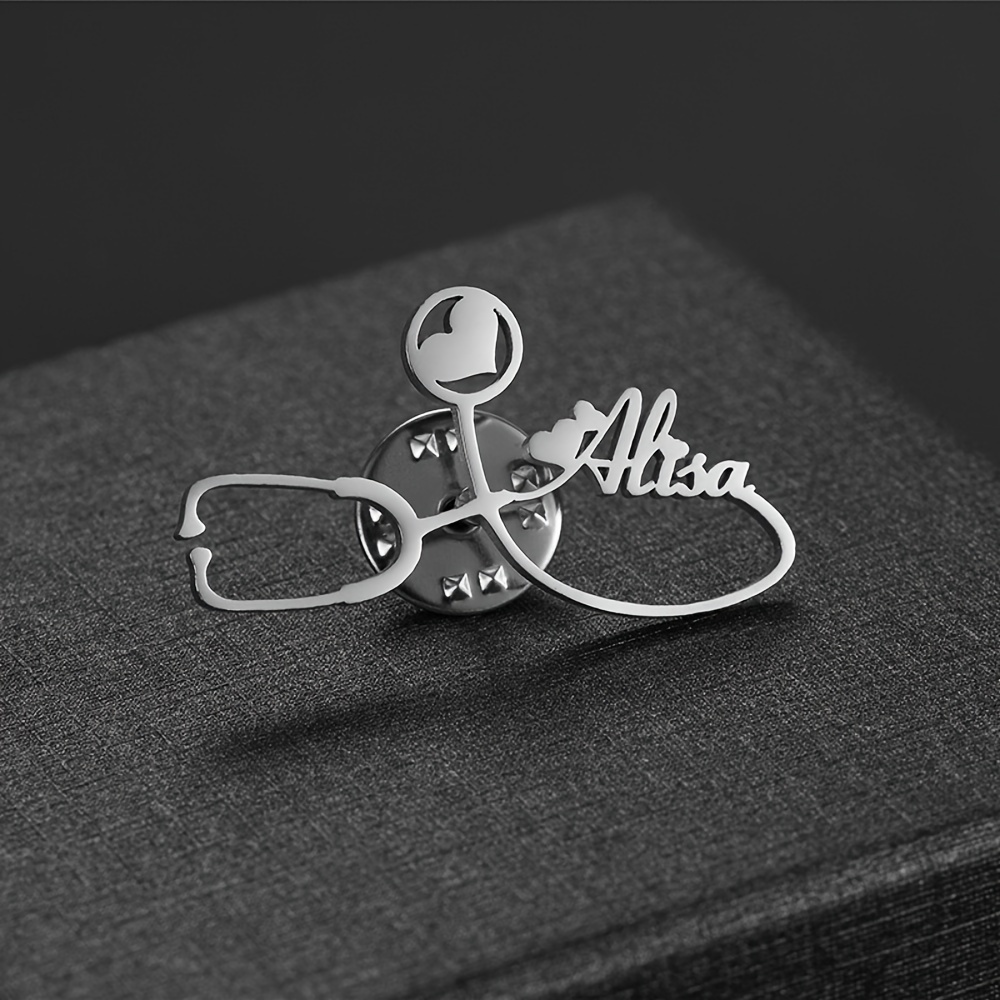 TEMU 1pc Personalized Heart Stethoscope Brooch - Stainless Steel Custom Engraved Name & Date, Vintage Jewelry Gift For Nurses, Teachers, Graduation,