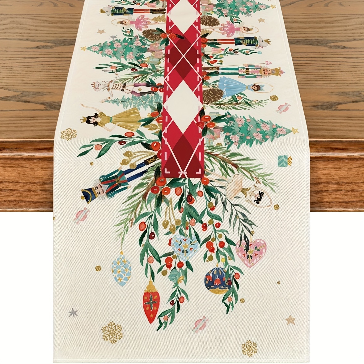 

Nutcracker & Holly Festive Christmas Table Runner - Polyester Woven Rectangular Table Decor, Seasonal Kitchen & Dining Party Ornament, Durable & Machine Washable - 13x72 Inches