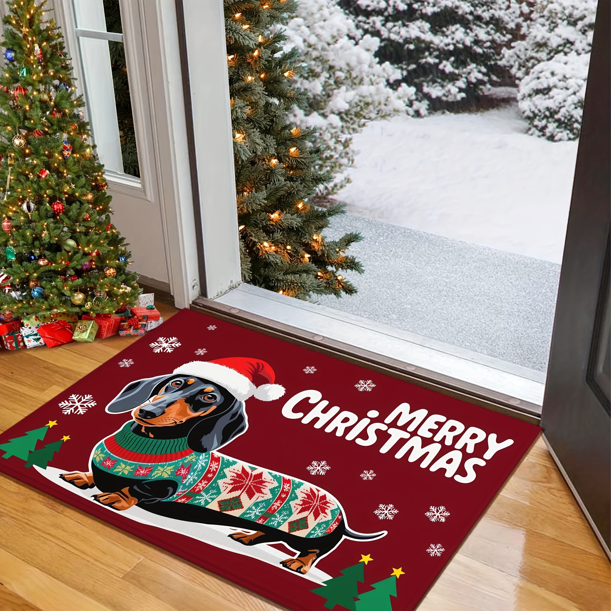 christmas dachshund welcome doormat non slip machine washable polyester mat with rubber backing lightweight washable braided rectangle floor mat for home bathroom balcony festive dog with santa hat holiday decor details 8