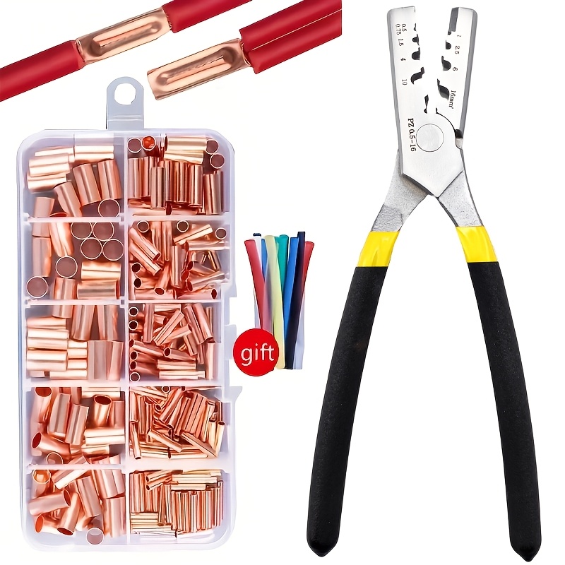 E-shop 250-teiliges Kupfer-Verbindungsschlauch-Set mit Crimpzangen - für Drahtverbindungen & Kabelklemmen!