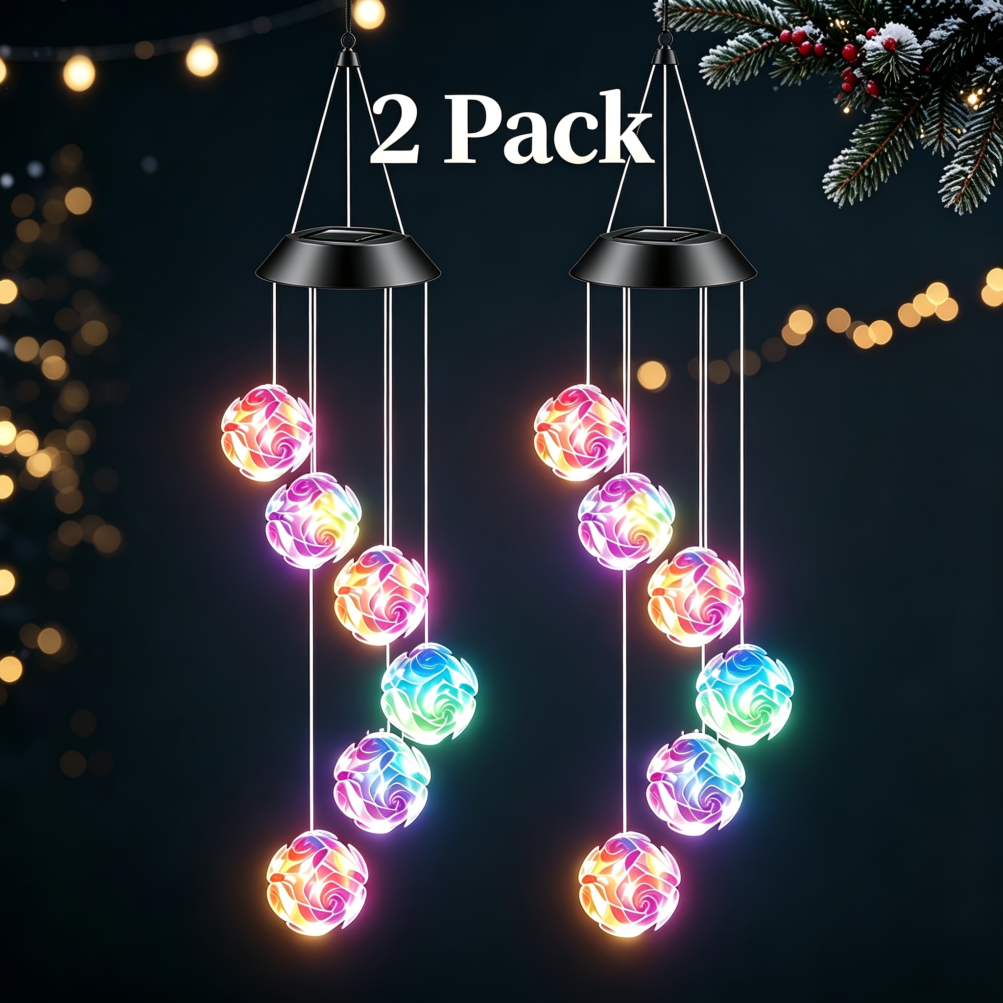 TEMU Romantic Changing Solar Rose Wind Chime Lamp, Led Flower Solar Wind Chimes Outdoor Hanging Decor For Wedding Party Christmas Home Window Patio