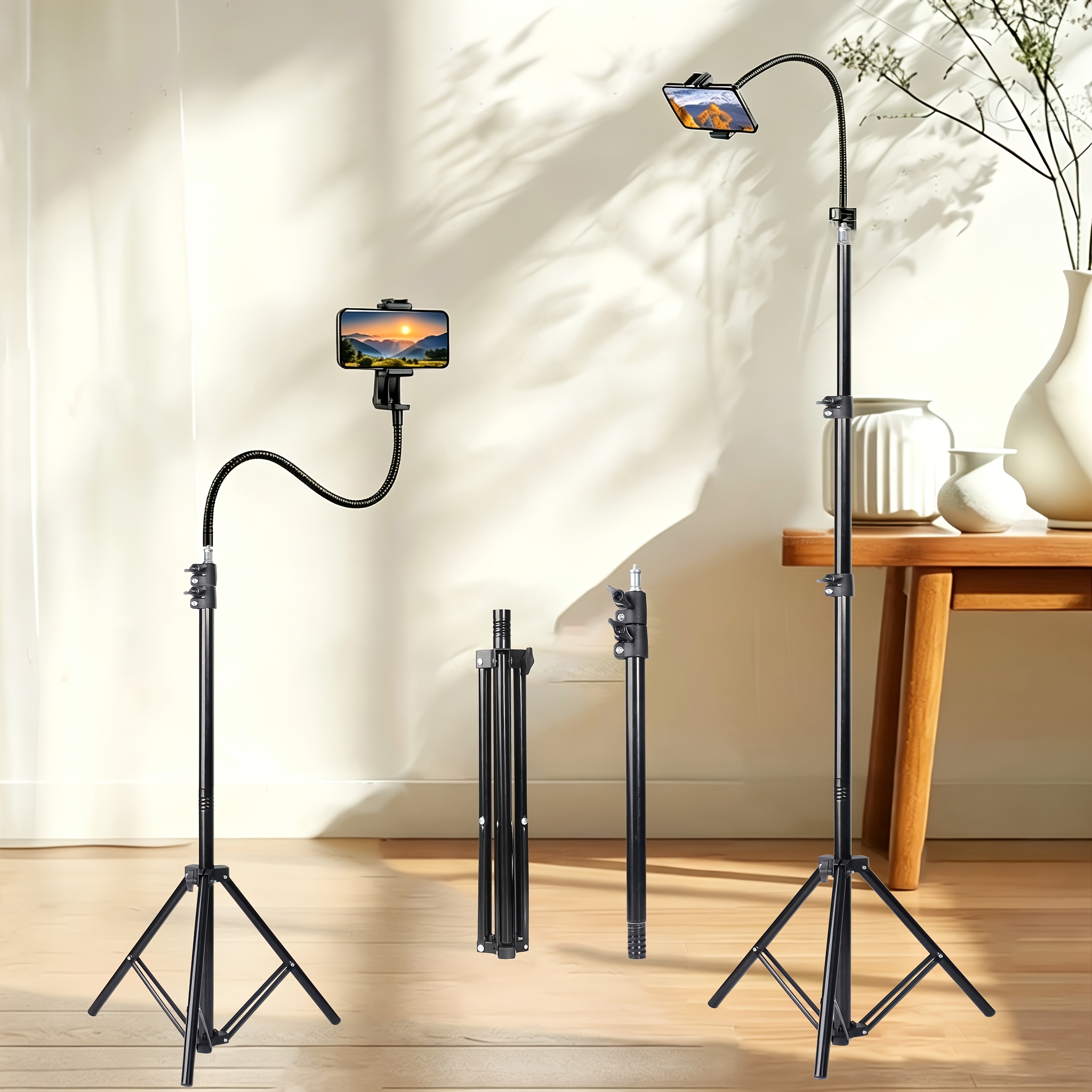 TEMU Adjustable Mobile Phone Tripod Floor Stand | Portable Aluminum Alloy Tripod With Gooseneck Hose - 360° Rotation, Phone Holder, For Recording,