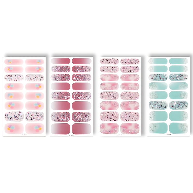 Image of 64pcs Spring And Blue Shiny Gradient Full Nail Strips, Disposable, Nail Stickers With Nail Files, Salon Texture, Suitable For Women's Dating, Travel, And Daily Diy Nail Stickers