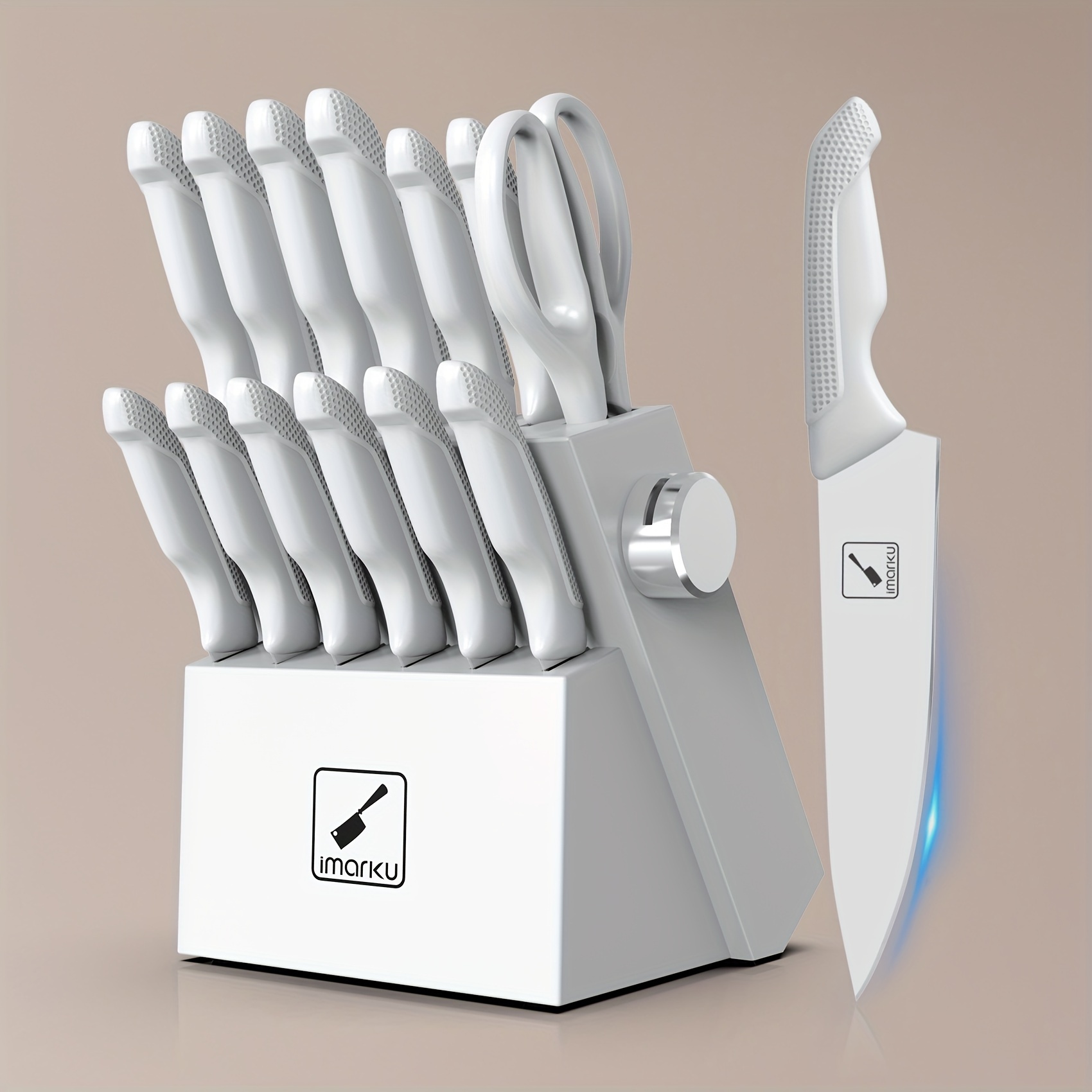 

Knife Set With Block, Sharp Knife Set With Built-in Sharpener, Japanese Stainless Steel Kitchen Knife Set With Non-slip Ergonomic Handle, Dishwasher Safe, 14 Pcs Best Father's Day Gift, White