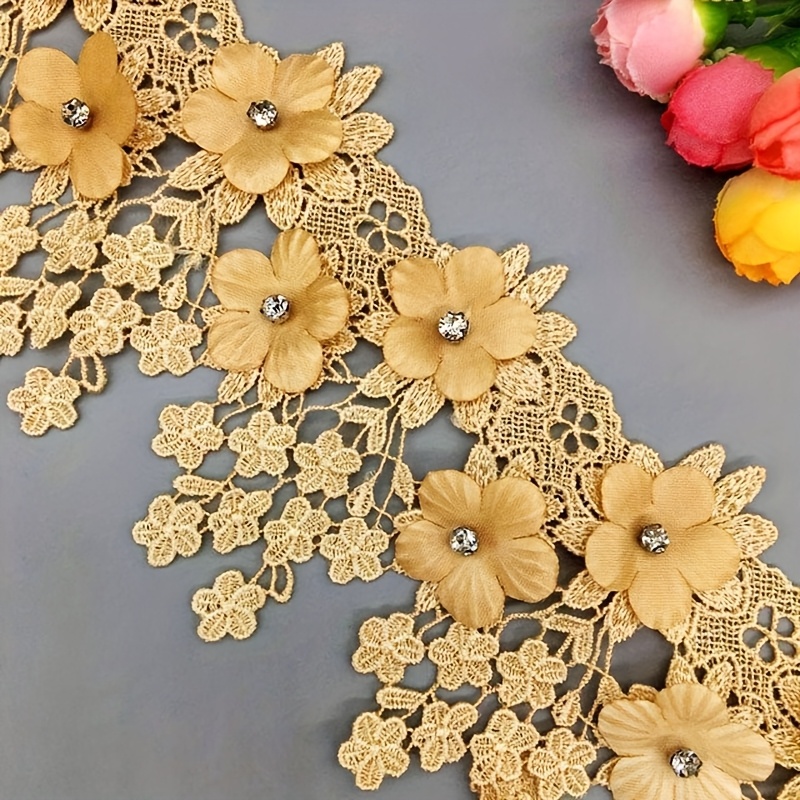 TEMU 1 Yard de Ruban de Dentelle Diamant 3D Fleur Vintage, Tissu Brodé, Applique de Mariage, Garnitures, Décoration d'Artisanat de Couture