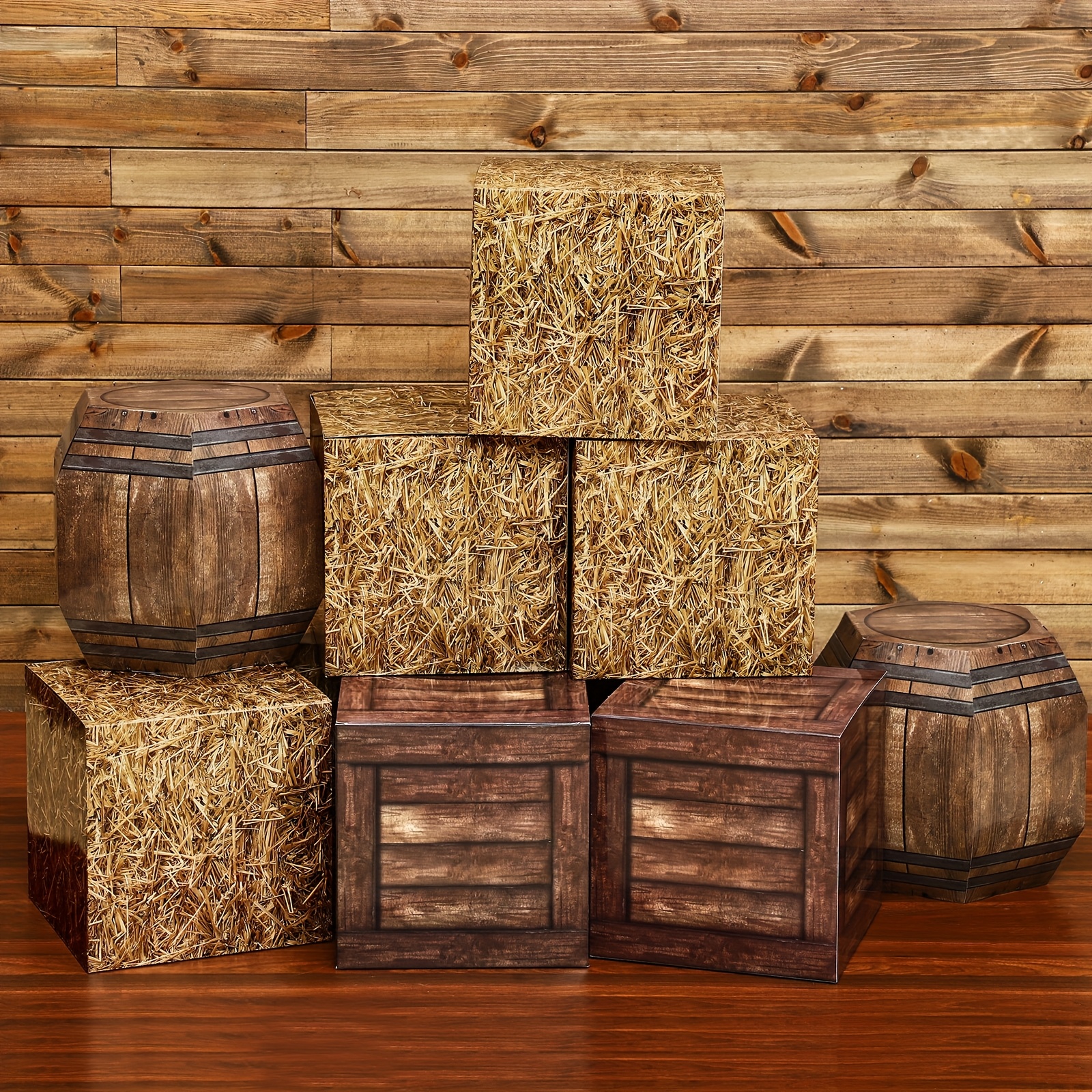 TEMU 8 Western Cowboy Party Decorations 11.8 Inches Hay Boxes Decor Wood Grain Wine Boxes Hay Decoration For Pirate Farmhouse Western Themed Party