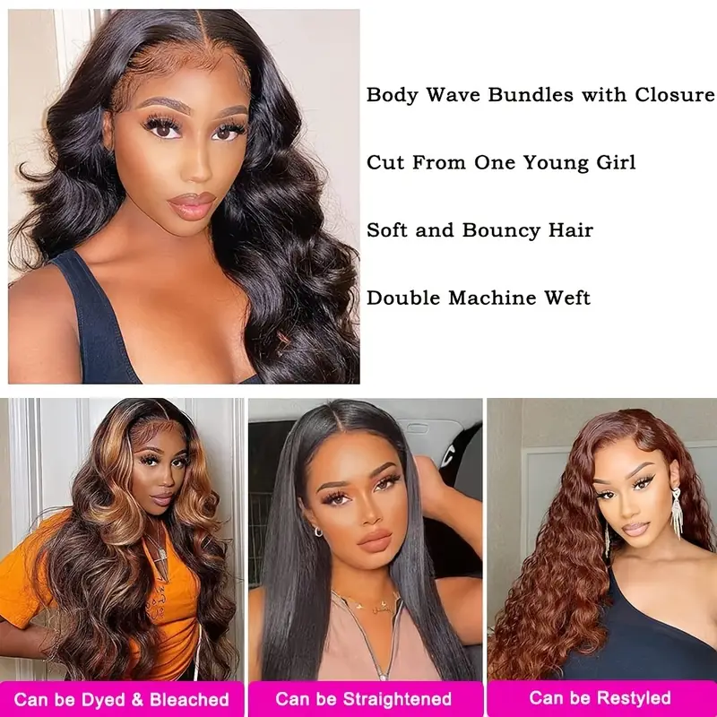 brazilian body wave human hair bundles with lace closure human hair body wave hair bundles with closure 4x4 lace free part natural black hair details 2