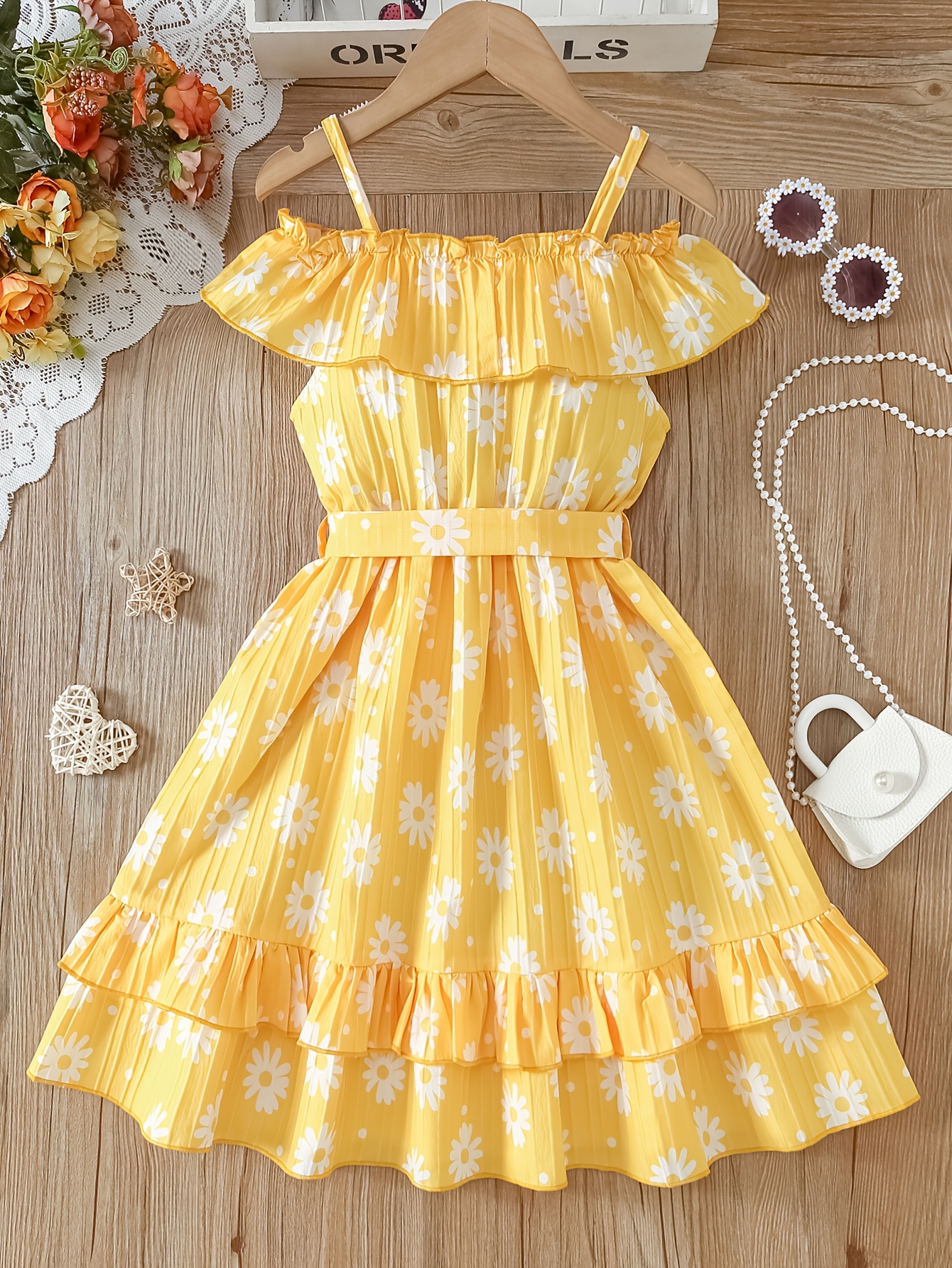 chic floral print girls' sundress belt sleeveless ruffle Temu - Main Image