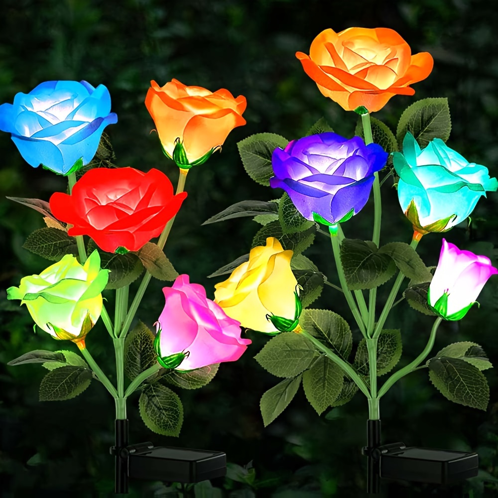 

4 Pack Garden Decor Solar Outdoor Lights Decorative, 7 Color Charging Garden Lights Solar Powered Solar Flowers With More Realistic Roses For Yard Decoration