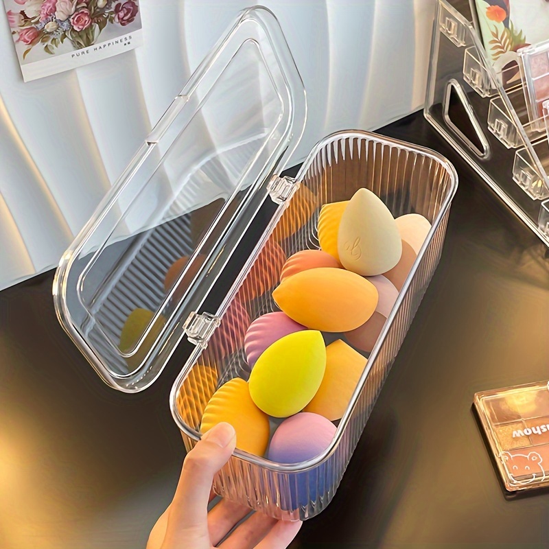 1  plastic makeup organizer case with lid countertop cosmetic storage box for brushes beauty sponges puff dust proof lightweight no electricity needed   under 3 2 cubic feet 27 inches tall holds 30 lbs Product details 2