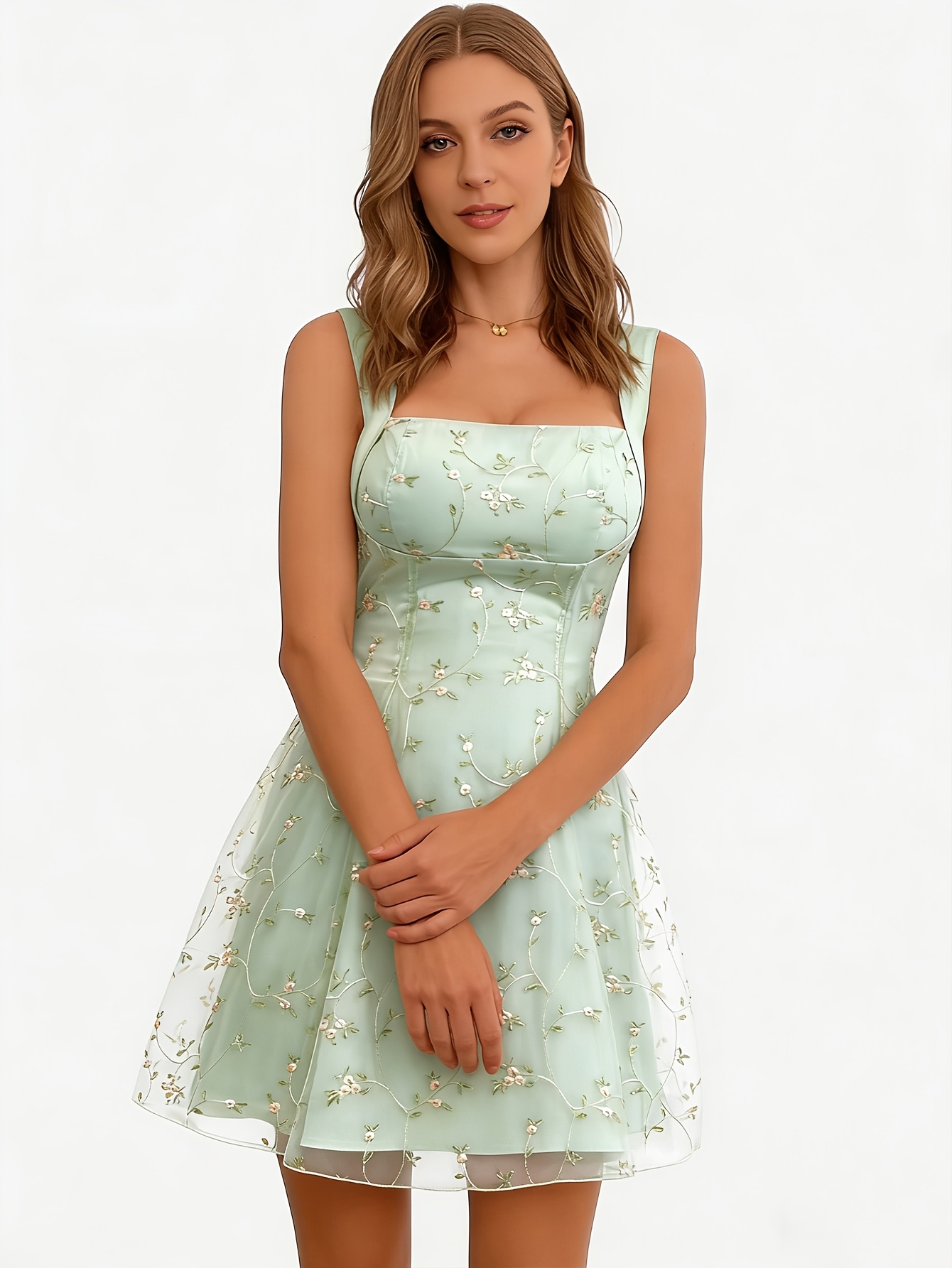 summer new mint green embroidered net dress - Temu Oman