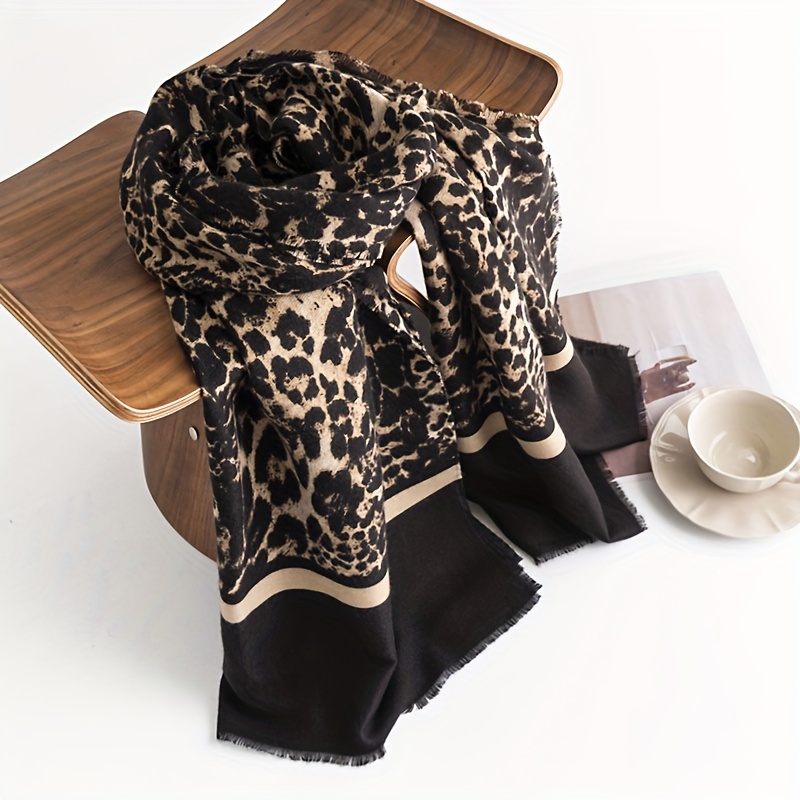 European And American Fashion Leopard Print Faux Cashmere Scarf, Winter Printed Warm Shawl, High-End Commuting Neck Protection, Cold-Resistant Neck Gaiter