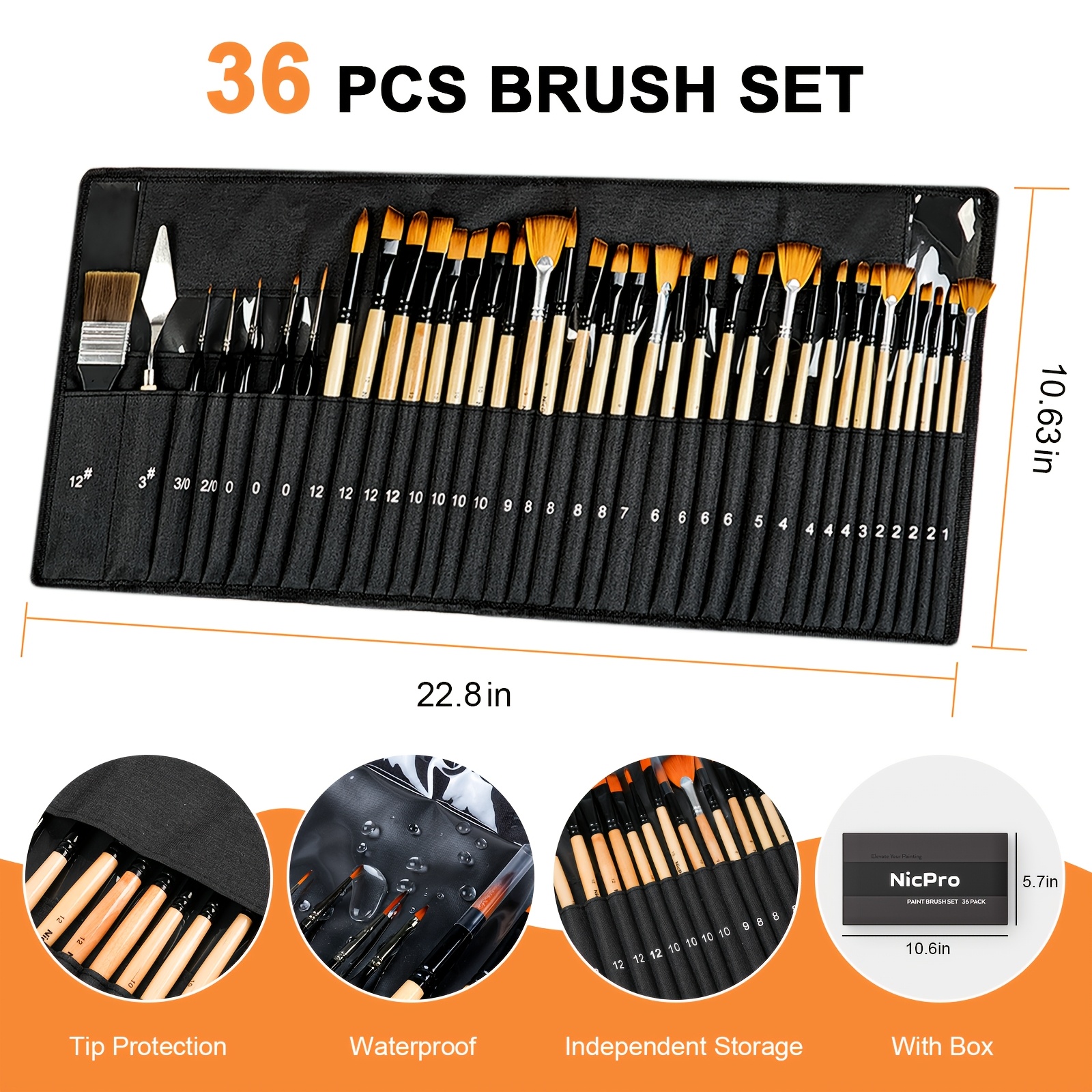 36pcs Professional Paint Brush Set with Cloth Roll for Artists