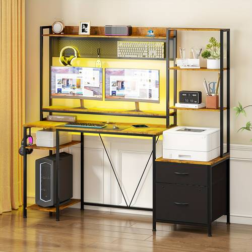 gaming desk with led lights power outlets 165cm reversible computer desk with hutch pegboard storage shelves and drawers large pc gaming table with monitor stand