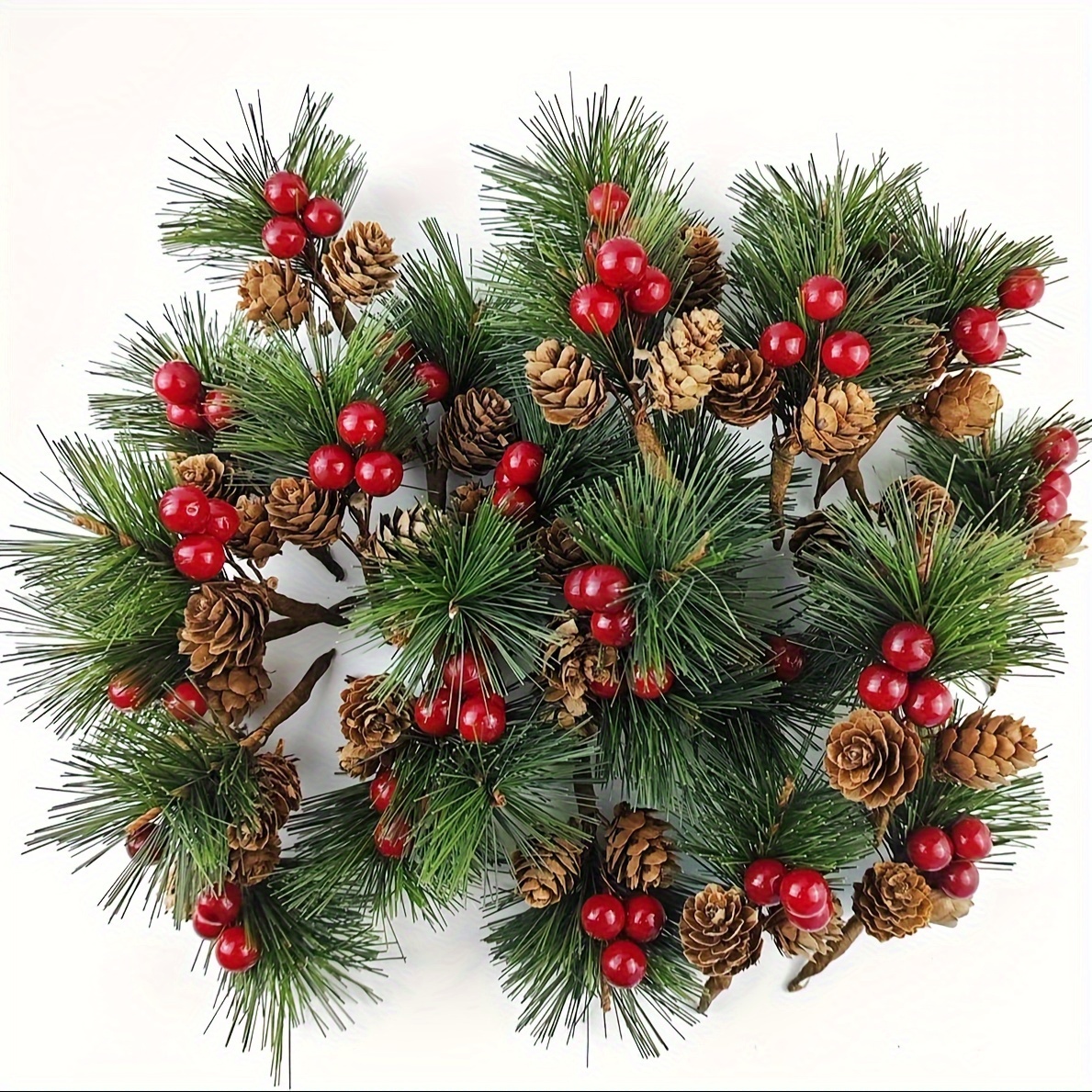 

24pcs Artificial Pine Picks With Red Berries And Pinecones, Americana Style Faux Pine Needle , Plastic Christmas Craft Greens For Diy Wreaths, Seasonal Decor Without Electricity, Featherless