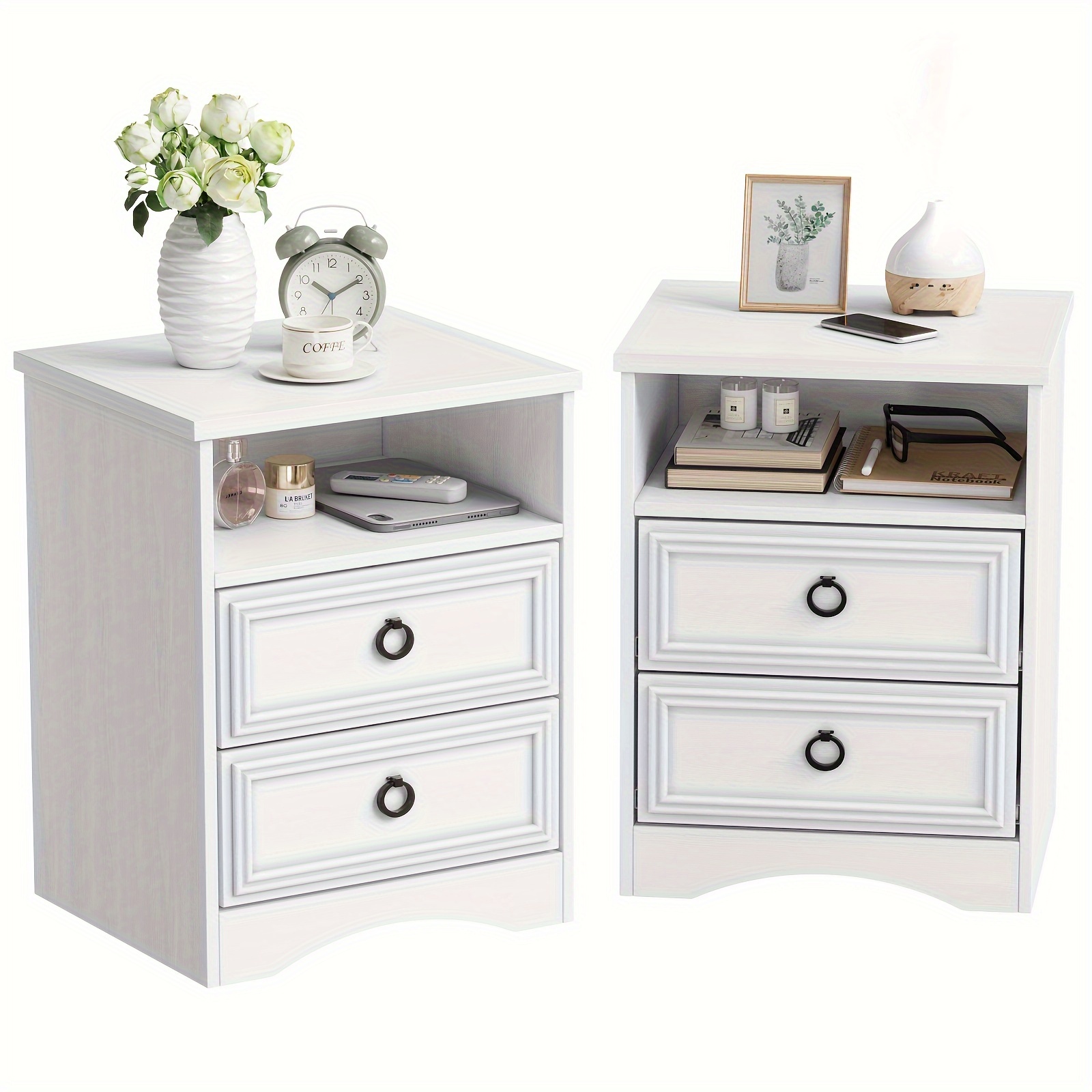 

Nightstand Set Of 2, End Table With 2 Storage Drawers And Open Shelf, Bedside Table For Bedroom, Dorm, Side Table For Living Room, Closet, Entryway, White