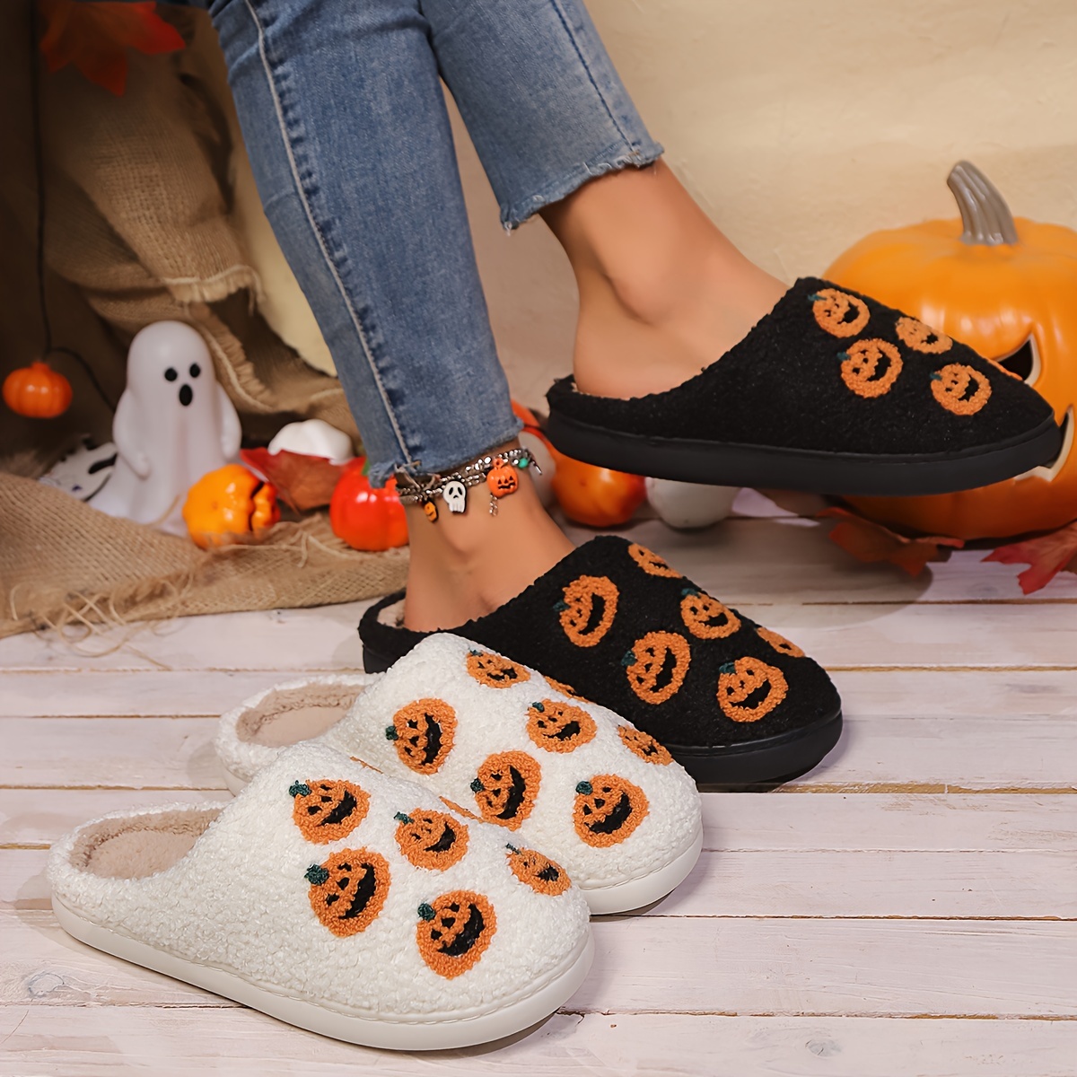 

Pumpkin Cartoon Slippers For Women - Fabric Slip-on Indoor House Shoes With Anti-slip Tpr Sole - Hand Washable Slippers